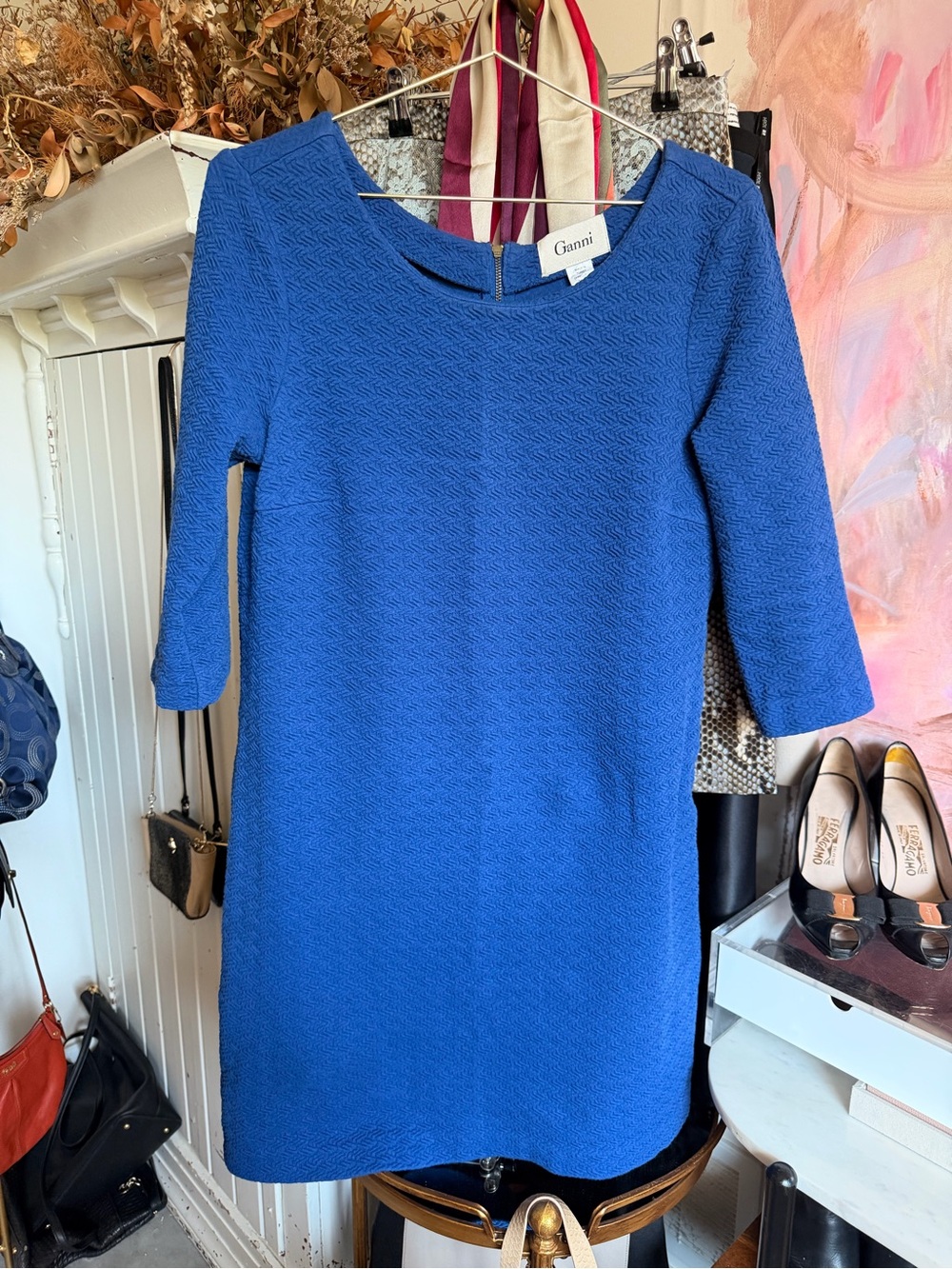 Ganni Royal Blue Textured Sheath Dress